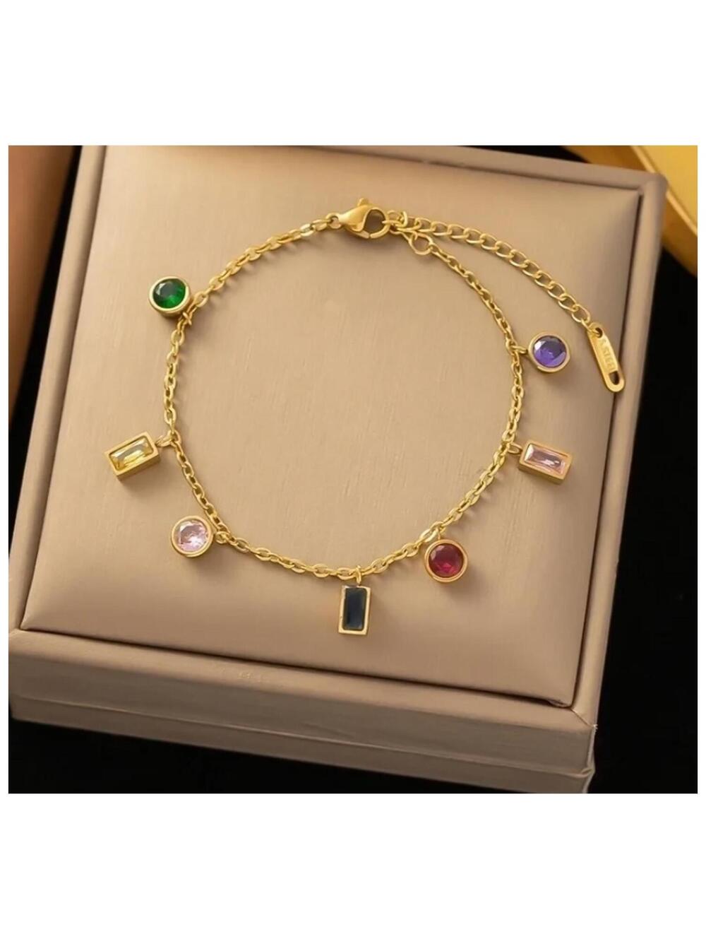 Multicolor round and rectangle charm - Bracelet - Gold - CZs - 6.5-8"